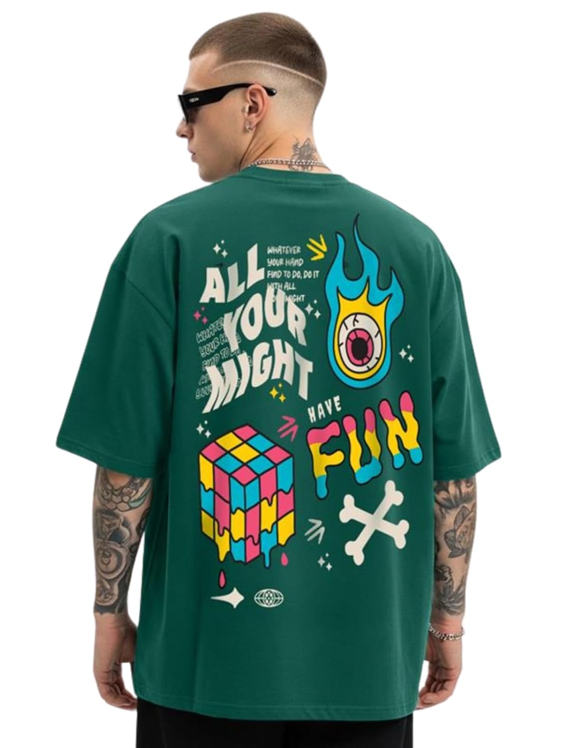 Cotton Drop Shoulder Round Neck Oversized Baggy Fit Front & Back Graphic Printed Half Sleeve T-Shirt Men (Available in from S to 2XL)