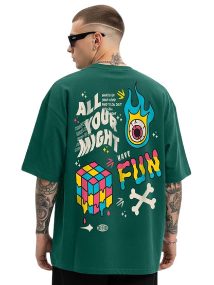 Cotton Drop Shoulder Round Neck Oversized Baggy Fit Front & Back Graphic Printed Half Sleeve T-Shirt Men (Available in from S to 2XL)