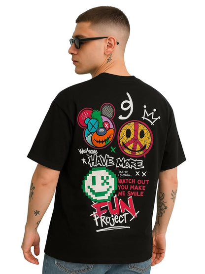 Cotton Drop Shoulder Round Neck Oversized Baggy Fit Front & Back Graphic Printed Half Sleeve T-Shirt Men (Available in from S to 2XL)