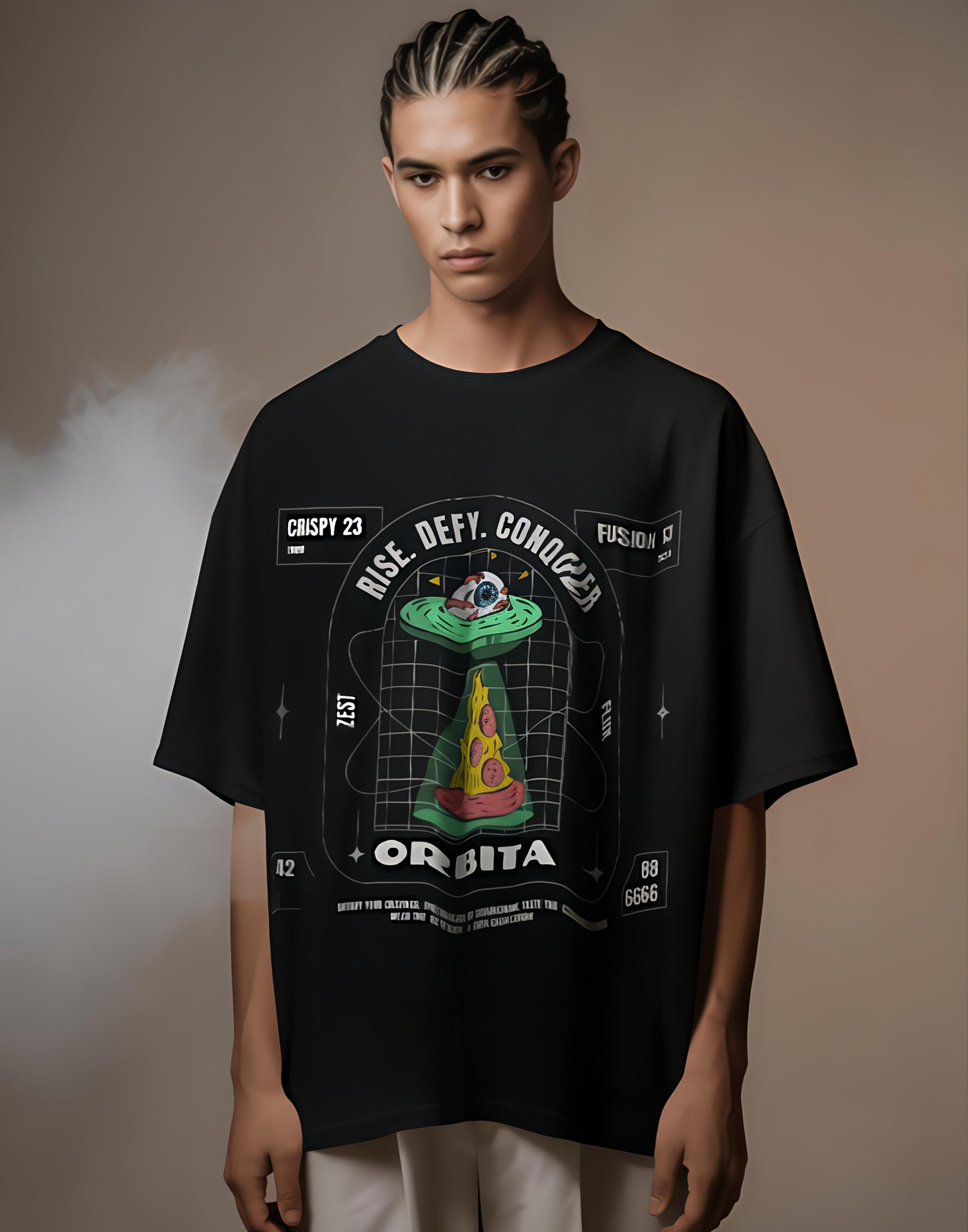 Qnic.shop Black oversized tshirt with RISE design printed.