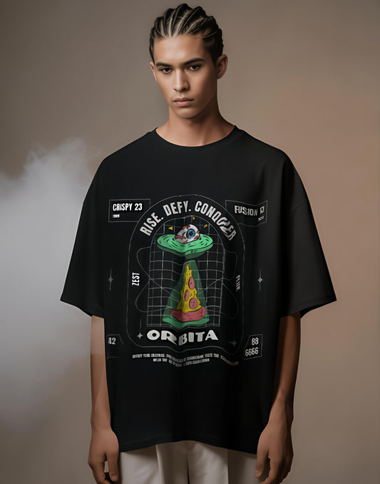 Qnic.shop Black oversized tshirt with RISE design printed.