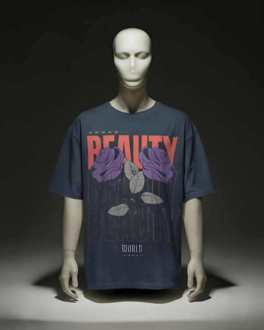 Qnic.shop Black oversized tshirt with BEAUTY design printed.