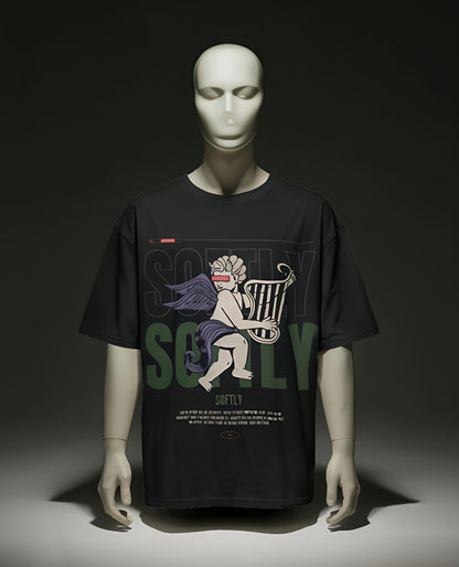 Qnic.shop Black oversized tshirt with SOFTLY design printed.