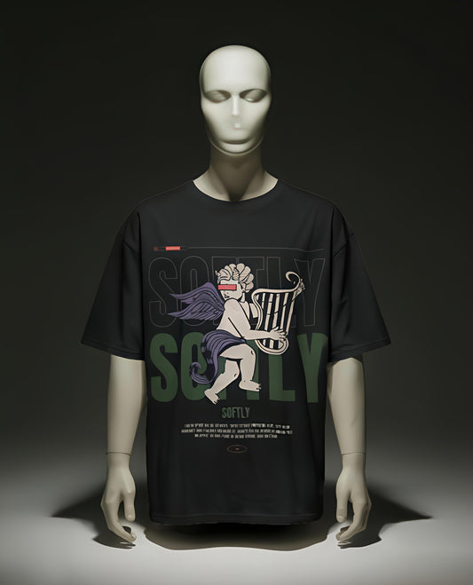 Qnic.shop Black oversized tshirt with SOFTLY design printed.